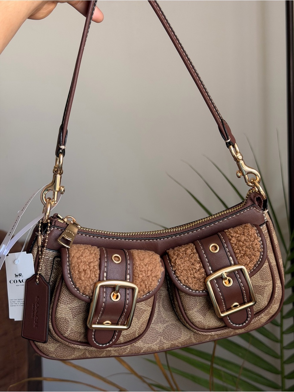 Coach Brown Signature Canvas Shoulder Bag with Shearling Accents